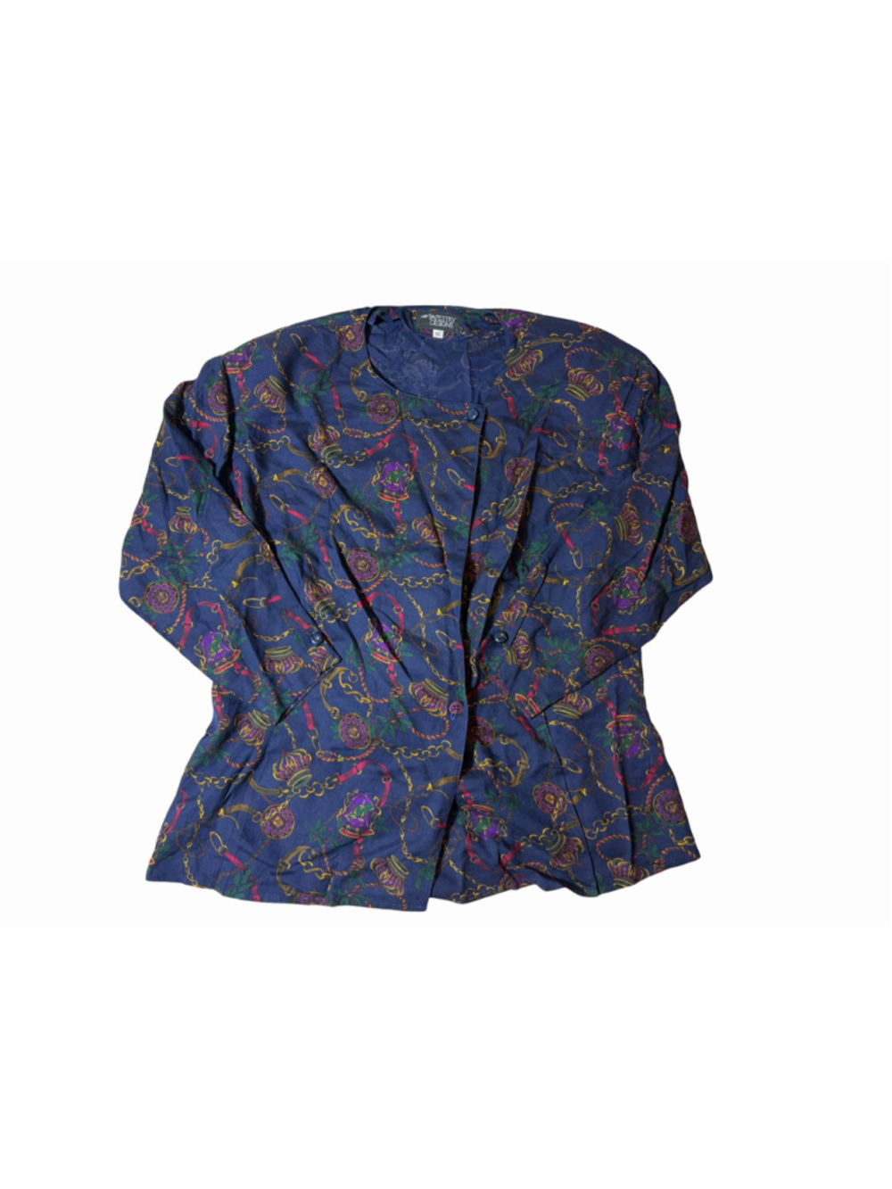 VINTAGE TAPESTRY DESIGNS Navy Equestrian Chain Print Button Blouse Top Size 12